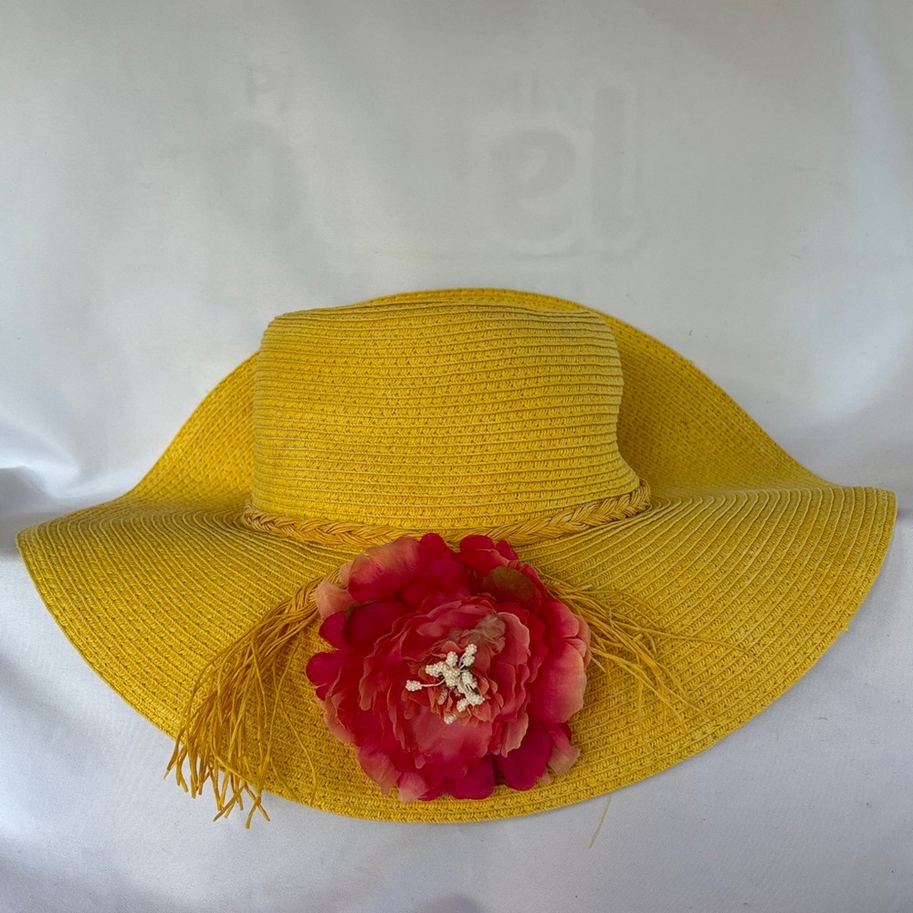 GENTLY WORN LOVE CULTURE YELLOW SUN HAT WITH PINK FLOWER ACCENT- - Picture 6 of 11
